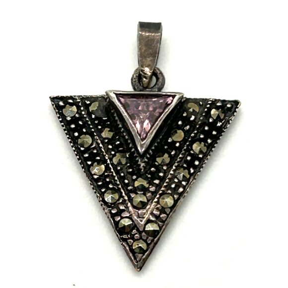 Sterling Silver Arrow Pendant Triangle W/ Purple Glass Crystal & Marcasite  925 - Picture 4 of 9